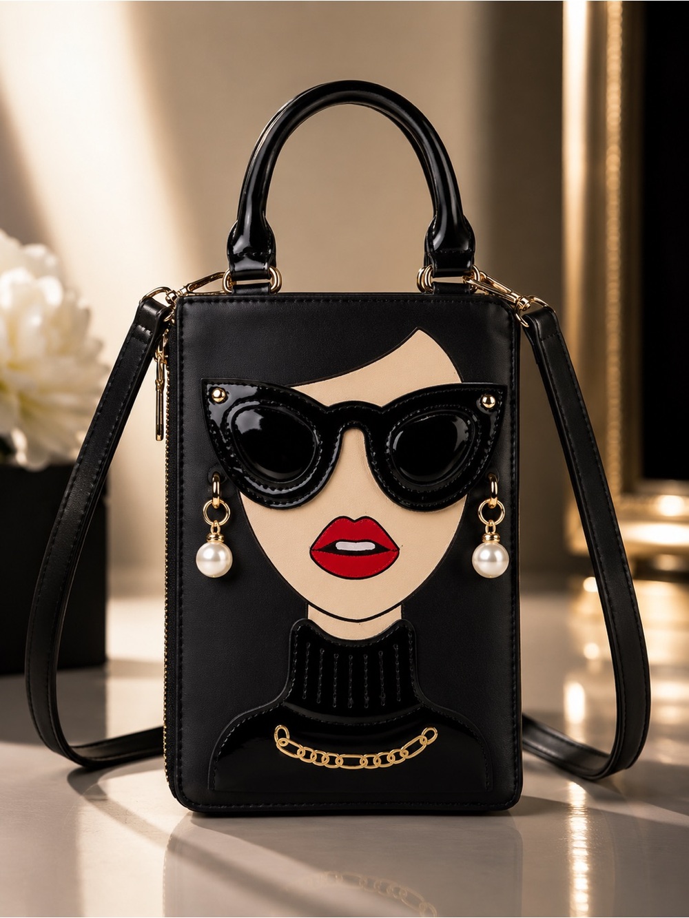 Black Novelty Face Handbag Crossbody Purse Sunglasses Pearl Detail Mini Bag